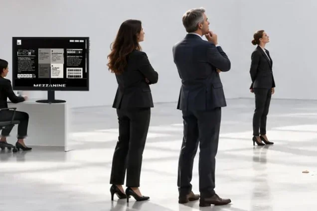 Guests stand and take in the work as a colleague builds it on the Mezzanine screen