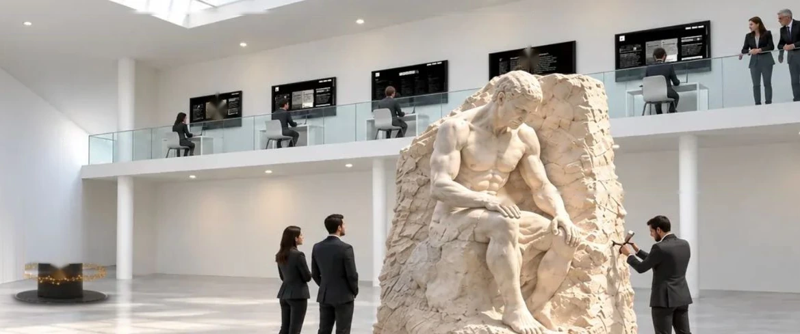 Mezzanine: people at live screens on a balcony above the gallery floor, with a figure being carved out of stone below