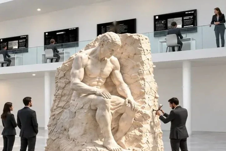 The work revealed in stone: a figure carved out of the rock as guests watch, the Mezzanine balcony above