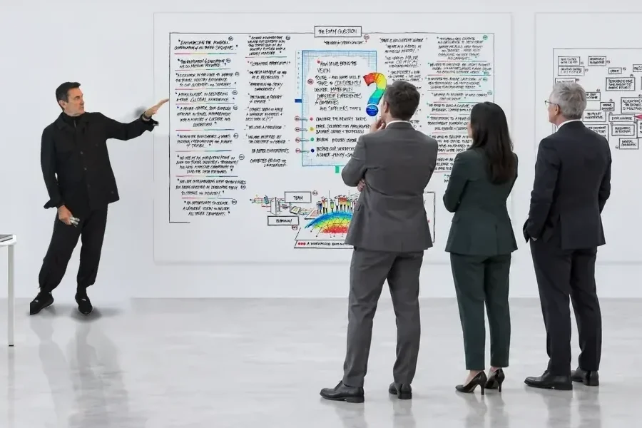 From the Player: John points to the exam question as three clients read the wall
